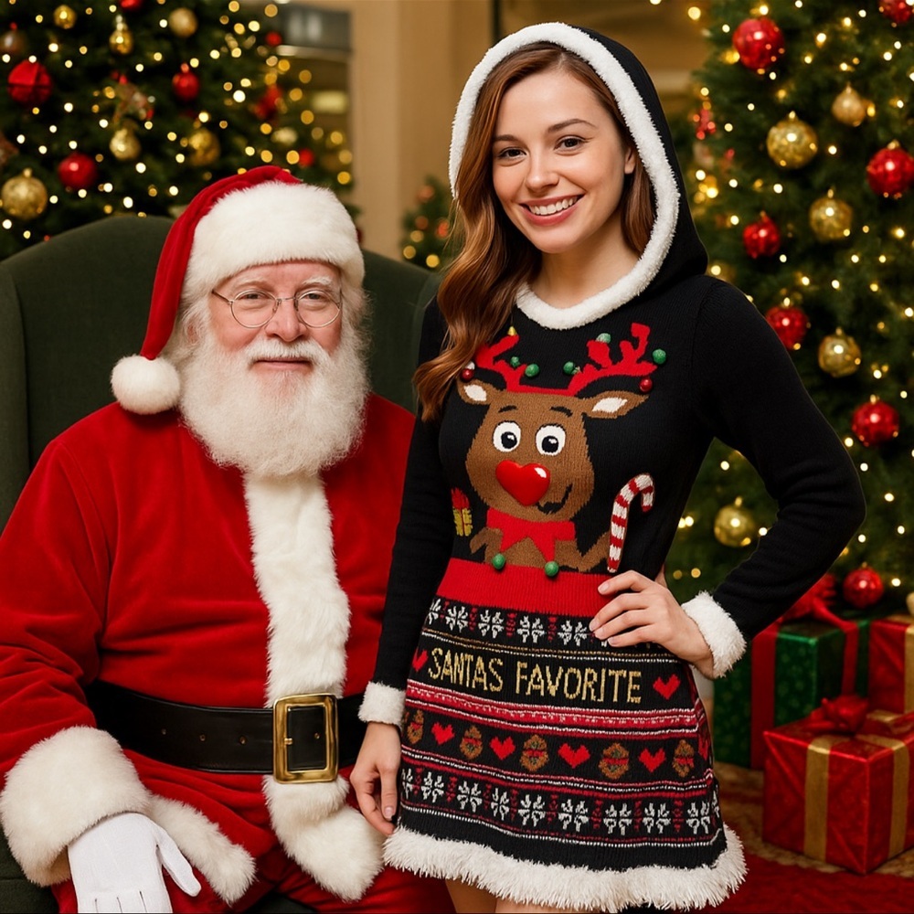 No Boundaries Reindeer Hooded Sweater Dress Women’s M Santa’s Favorite Holiday
